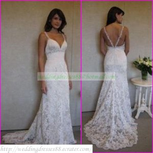 Free Shipping Double Straps White Lace Bridal Gown Beaded A-line Wedding Dress L12