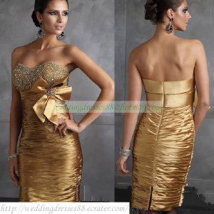 2012 Hot Sale Strapless Gold Stretch Satin Ruffled Beaded Cocktail Dress Homecoming Dress C008