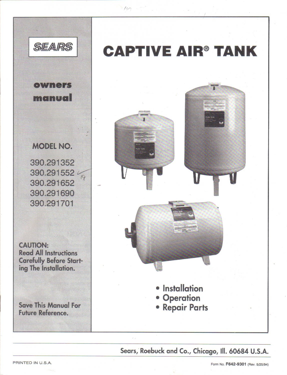 SEARS Captive Air Tank Owner's Manual Models 390.291352 390.291552 390.
