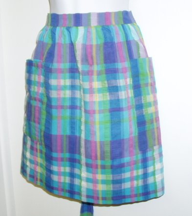 Vintage Half Apron Handmade Cotton Blue Multi Color Plaid