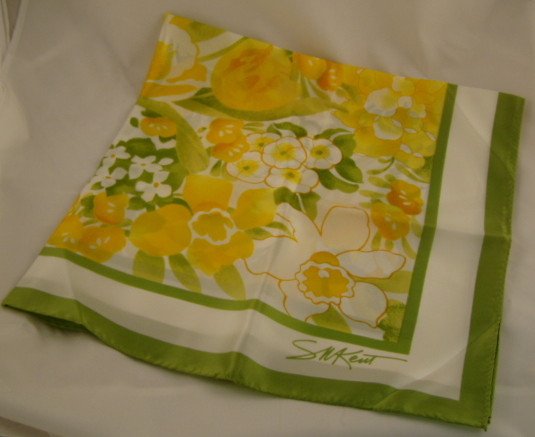 Vintage Avon Scarf Green Yellow Floral Signed S M Kent