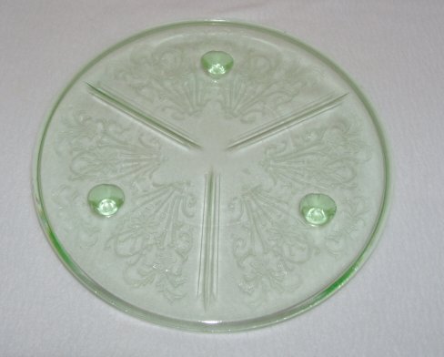 U S Glass Primo Paneled Aster Green Depression Glass 3 Footed Cake or Serving Plate