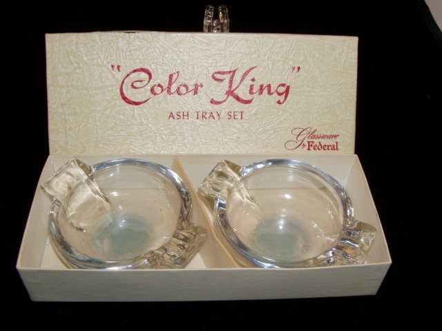 Federal Glass Ware Sapphire Blue Color King Ash Tray Ashtray Set