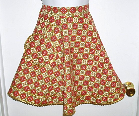 Vintage Handmade Half Apron Brown Red Gold White