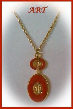 ART Signed NECKLACE- Deco-Style PENDANT-Rust Color Enamel