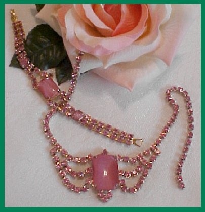 FABULOUS Baby Pink DEMI PARURE-Rhinestone / Cat's Eye