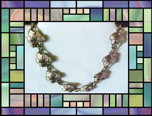 Vintage Pot Metal NECKLACE-Enameled Leaves-Chocker Style