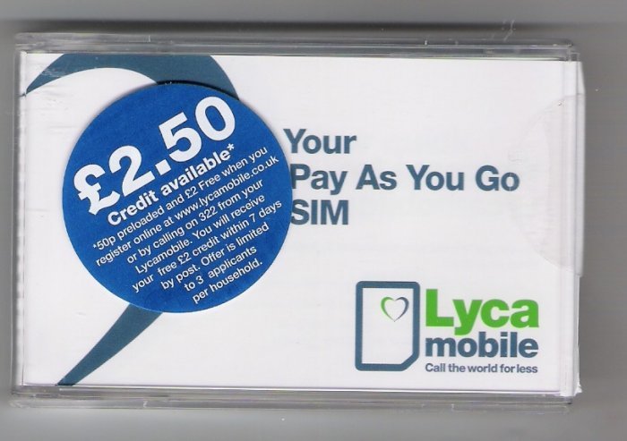 Lycamobile UK prepaid gsm sim card pack with £20 credit and free incoming calls and texts