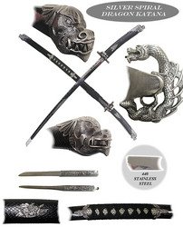 42 inch Silver Spiral Dragon Katana +EXTRAS