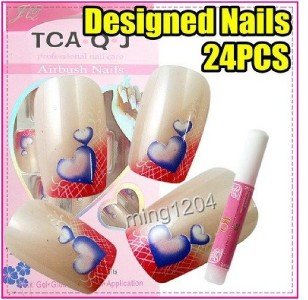 24PCS PRE DESIGNED HAND BEAUTY ACRYLIC LOVE Nail Art French False nails +Glue.