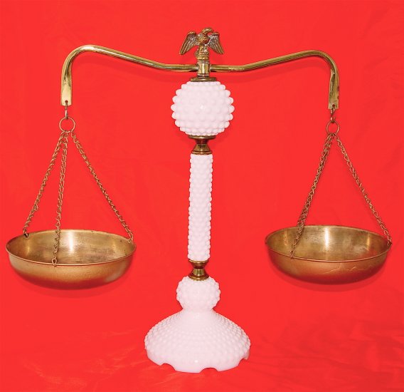 BRASS and MILKGLASS DECORATIVE BALANCE SCALE VINTAGE