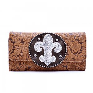 Floral Embossed Rhinestone Fleur De Lis sign Checkbook Wallet