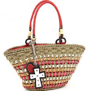 Summer straw-woven tote w/ heart and cross accent Red