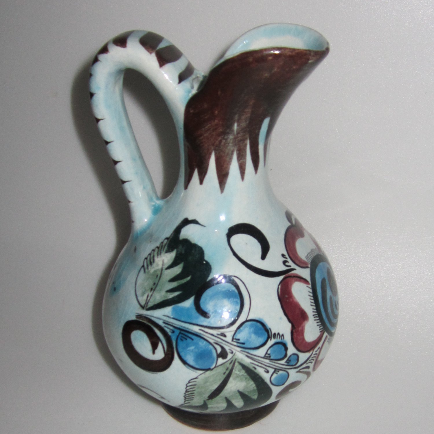 Vintage Mexican Pottery Tonala Aqua Ewer Small, Hand Painted, Floral 