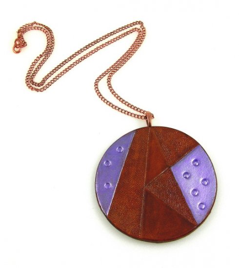 Geometric Leather Pendant Necklace Tooled Cowhide Copper Purple Brown Necklace Art Jewelry
