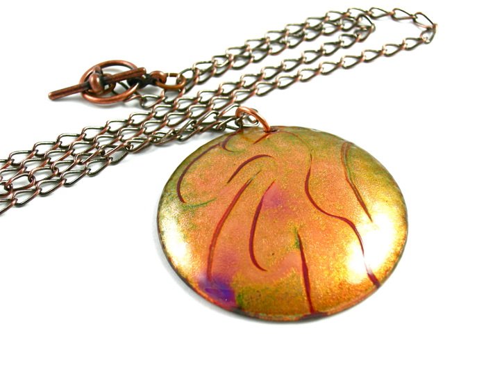 Enameled Copper Pendant Necklace Gold Green Purple Round Abstract Handcrafted OOAK Art Jewelry
