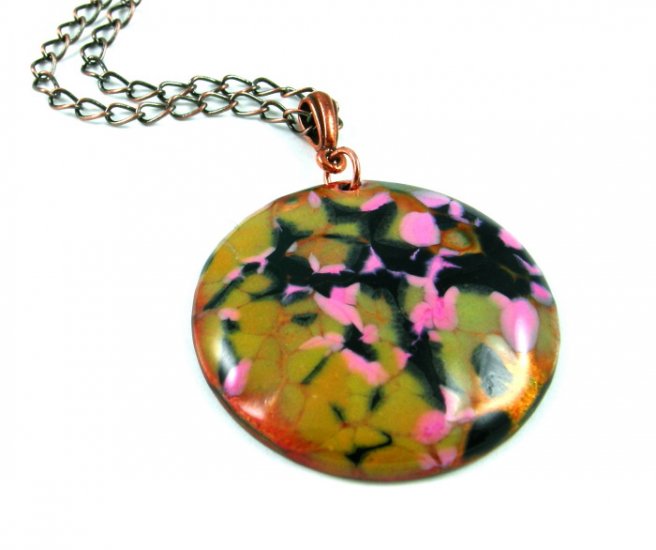 Enameled Copper Pendant Necklace Olive Pink Black Round Abstract Handcrafted OOAK Art Jewelry
