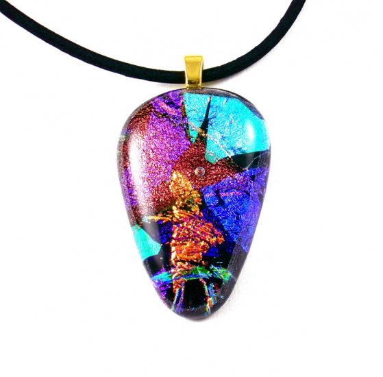Dichroic Glass Pendant Necklace Copper Violet Teal Gold Black Leather Handcrafted Art Jewelry