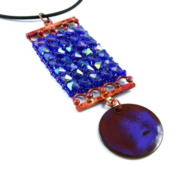Tanzanite & Copper Pendant Choker Necklace Swarovski Leather Beads Purple Weave Art Jewelry