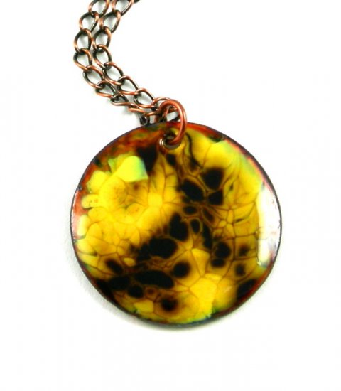 Enameled Copper Pendant Necklace Abstract Round Yellow Contemporary Handcrafted OOAK Art Jewelry