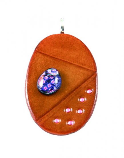 Leather & Dichroic Glass Pendant Tooled Cowhide Chic Orange Pink Purple Necklace Art Jewelry