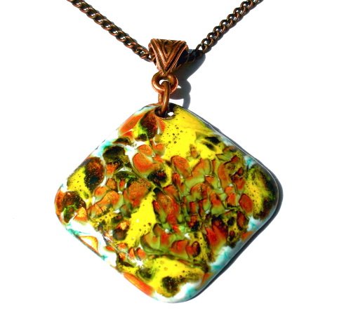 Enameled Copper Pendant Necklace Yellow Bronze Diamond Abstract Handcrafted OOAK Art Jewelry