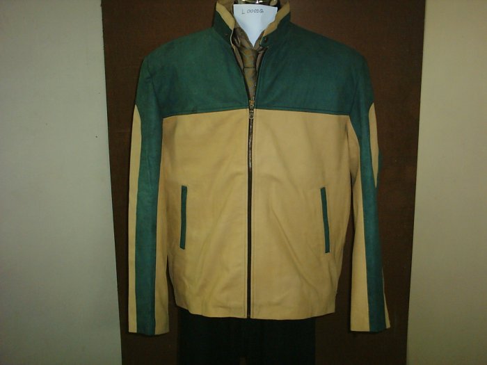 Leather Jacket (Sale 30%Discount on 2+) Motorbike $250 ,2XL (Green/Cream Brown, SHEEP,ItemNo:L1G)