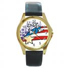 USA Flag with Peace Doves Round Gold Metal Watch