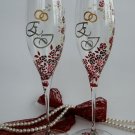 Set of 2 Personalized Champagne glasses Silver initials Red and white liitle roses