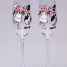 Set of 2 Personalized Champagne glasses Wedding theme Cows Black and white