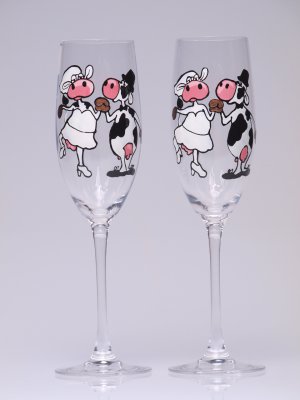 Set of 2 Personalized Champagne glasses Wedding theme Cows Black and white