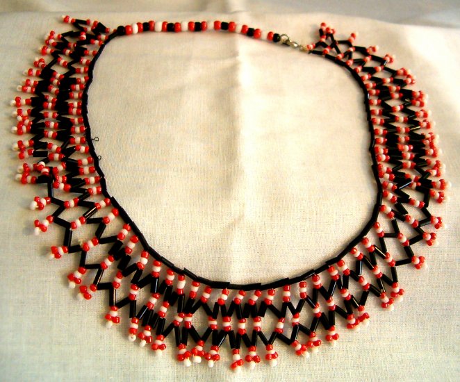 Black, Red & White Hand Beaded Necklace