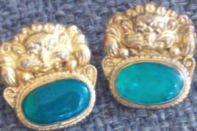GoldPlated /Synthetic Jade Lion Earrings