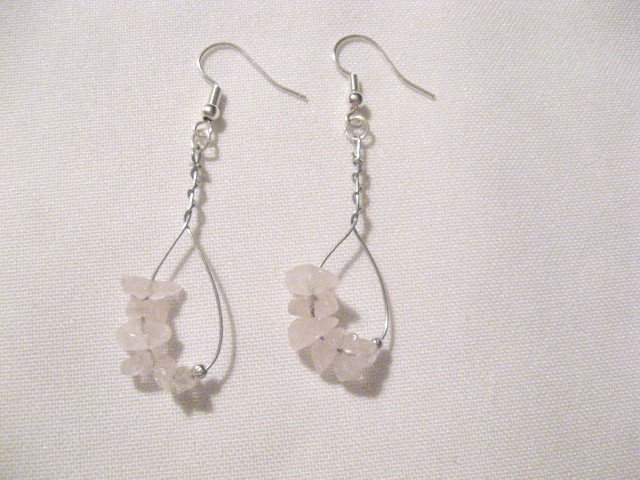 Handcrafted rose quartz chip silver wire bead earrings