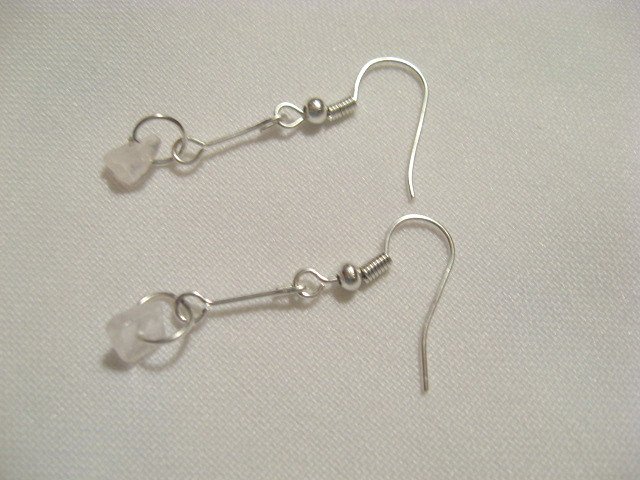 Handcrafted rose quartz chip silver stick bead earrings