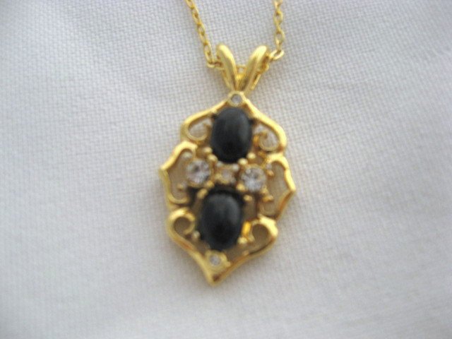 14k Gold Plated Onyx & CZ stones chain necklace pendant jewelry