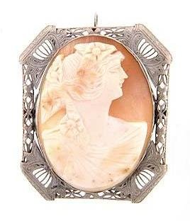 Large 14KT White Gold Cameo Estate Brooch / Pendant 14 kt