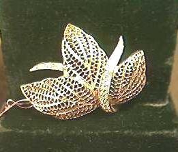 SIGNED Leaf BROOCH Pin w RHINESTONES
