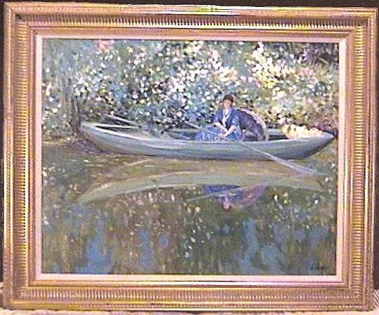 Oil on Canvas Impressionist Lady in Boat with Parasol