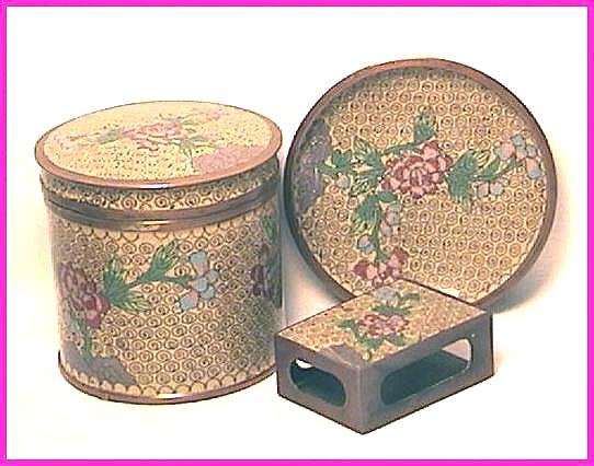 CLOISONNE 3-Piece CIGARETTE SET Boxes ASHTRAY