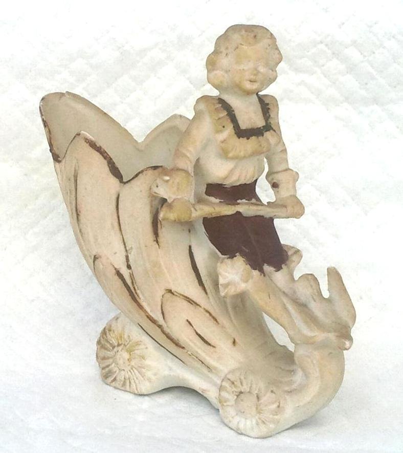 Match Holder Bisque Boy on Flower Chariot Figurine Planter