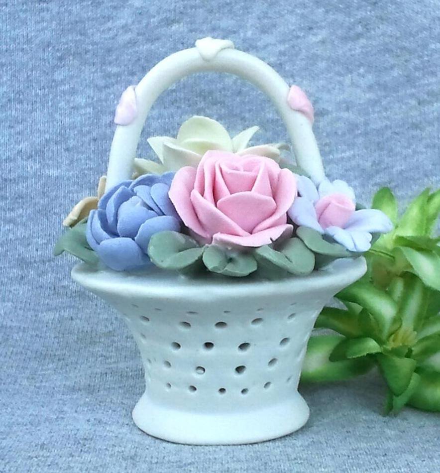 Bisque Porcelain Flower Basket Vintage Cottage Look