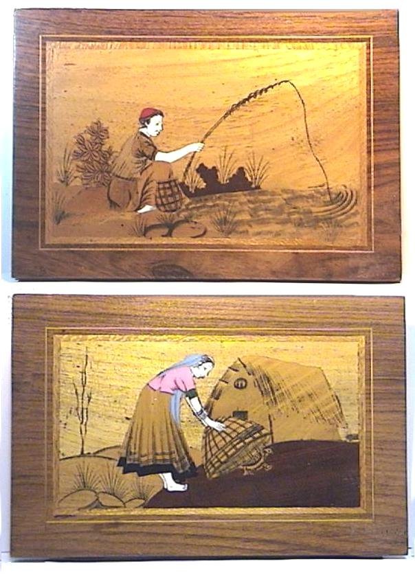 Handmade Wood and Ivory Inlay Picture Pair