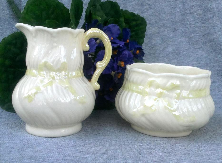 Belleek Porcelain Creamer and Open Sugar Bowl 'Ribbon' 3rd Green Mark