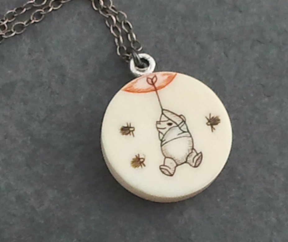 Etched Pooh Pendant with Balloon on Sterling Silver Chain
