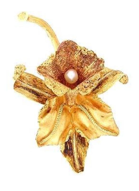18 KT Gold Oro Cochano Orchid Brooch with Pearl - Estate Find