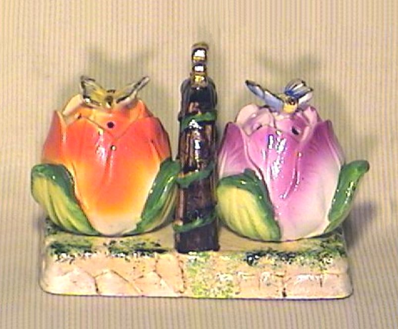 Rose Buds and Butterflies Salt & Pepper with Caddy Occupied Japan