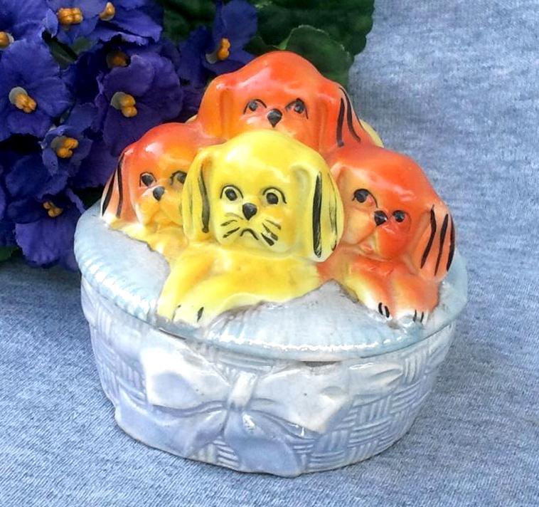 Art Deco Blue Luster Box with Orange and Yellow Puppies Made in Germany
