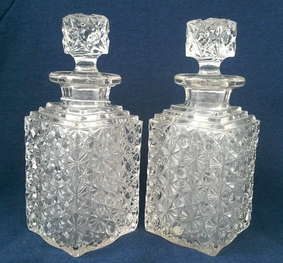 Mold Blown Daisy & Button Square Decanters - Antique Pattern Glass