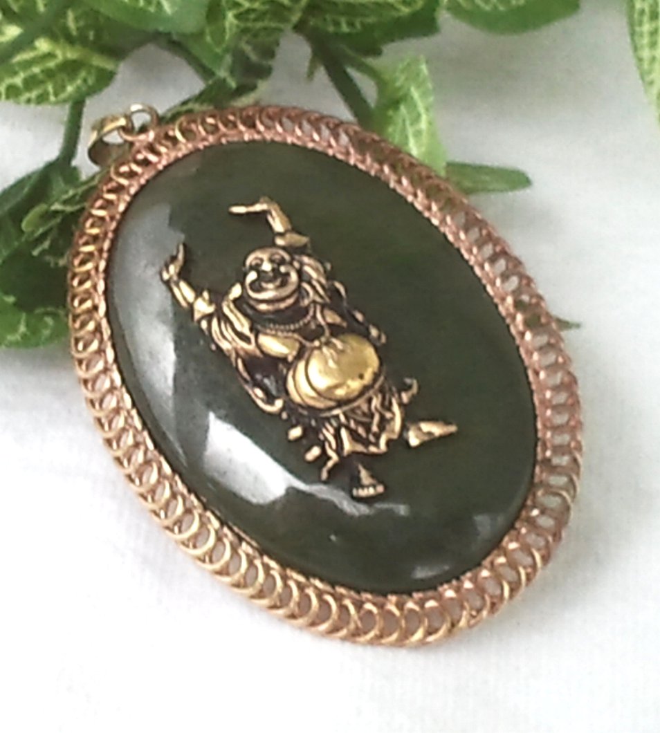 Jade Brooch / Pendant With Buddha in Filigree Setting